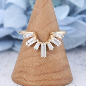 Curved wedding band Vintage Solid Yellow gold ring women wedding band simple ring baguette CZ Matching Stacking Bridal Promise gift for her