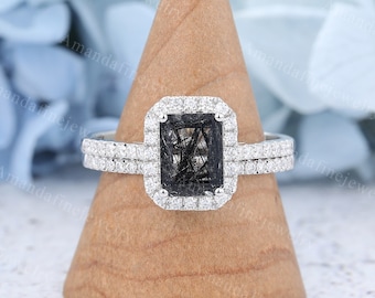 Emerald cut Black Rutilated Quartz engagement ring set vintage White gold engagement ring Half eternity Pave wedding Bridal promise ring set