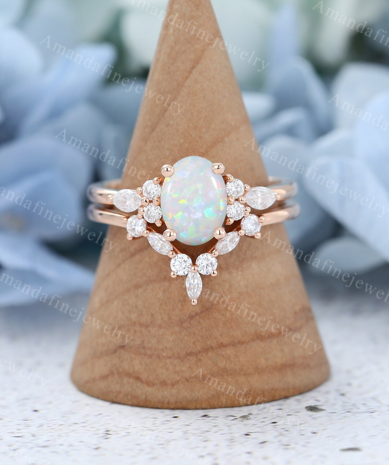 Matching Opsite Rings Oval Cut Opal Engagement Ring Set Vintage Rose Gold Moissanite ...