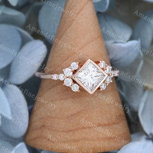 Princess cut Moissanite engagement ring rose gold Unique Diamond Cluster engagement ring vintage Bridal Promise Anniversary delicate ring image 3