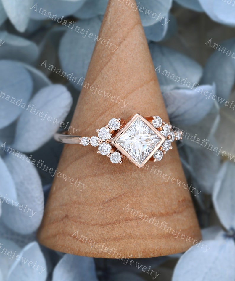 Princess cut Moissanite engagement ring rose gold Unique Diamond Cluster engagement ring vintage Bridal Promise Anniversary delicate ring image 3