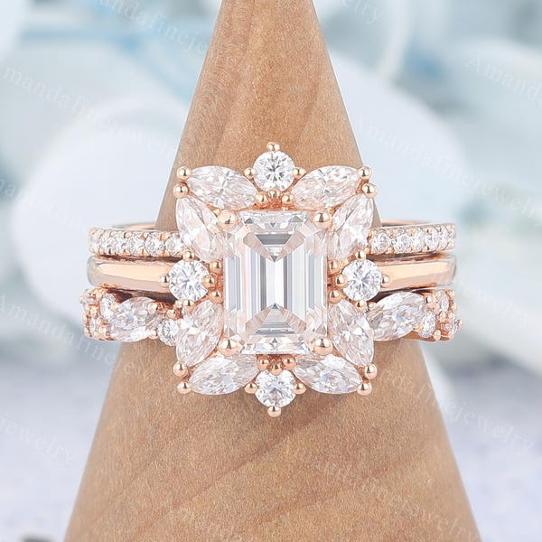 Emerald cut Moissanite engagement ring set rose gold Unique 3 pieces ring set Cluster engagement ring vintage Bridal Anniversary Dainty ring