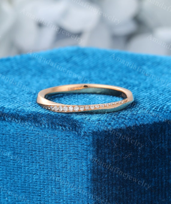 Unique Moissanite Wedding Band Twist Ring Solid Rose Gold Wedding