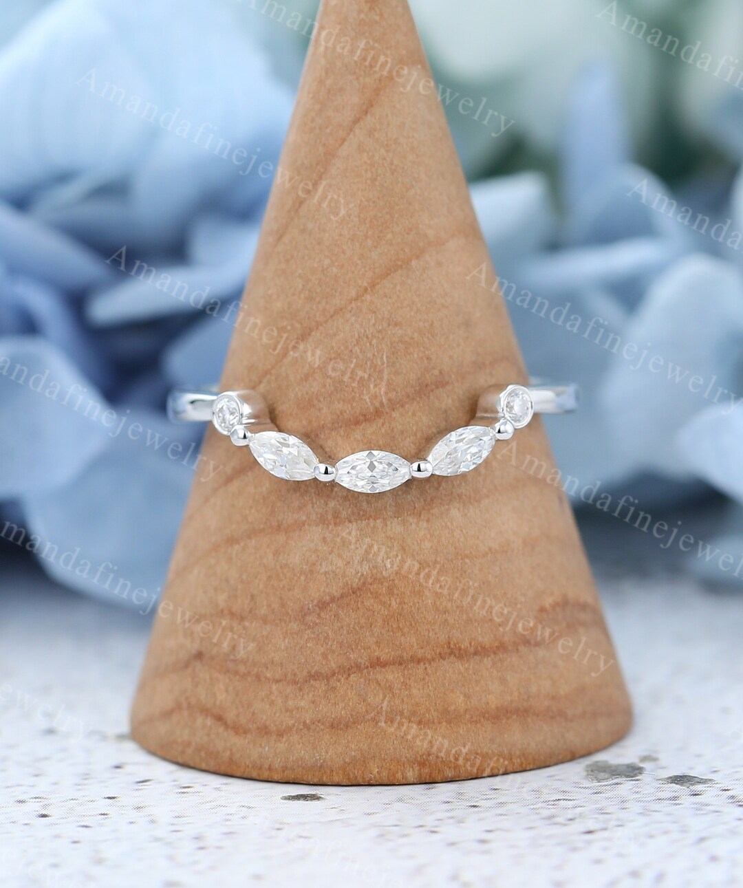 Vintage Curved Wedding Band Marquise Cut Moissanite Wedding Band White Gold Diamond Band Unique
