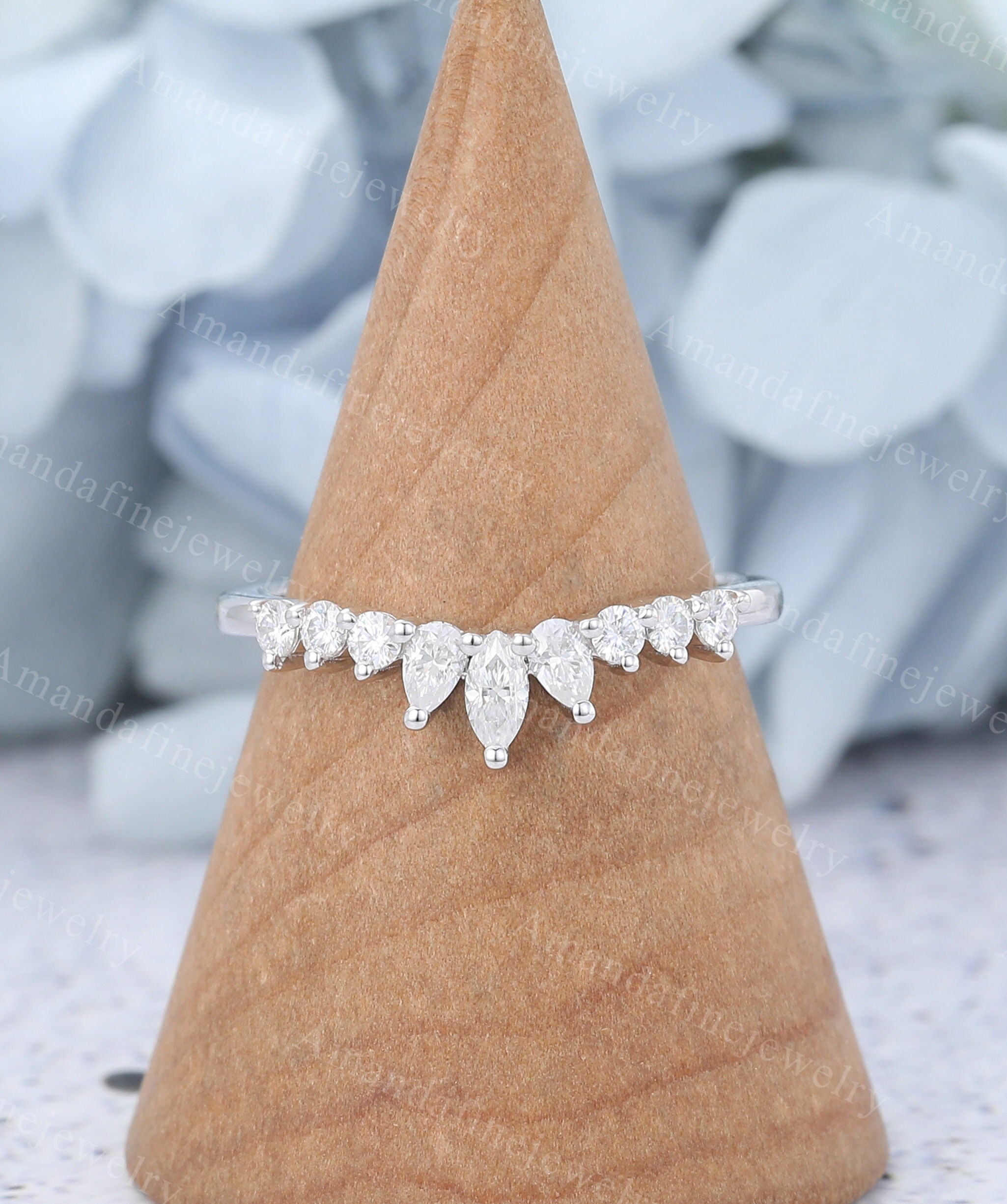 Lab Grown Diamond ring Unique curved wedding band Solid white gold ring Chevron band Stacking ring Bridal ring Promise ring Anniversary gift