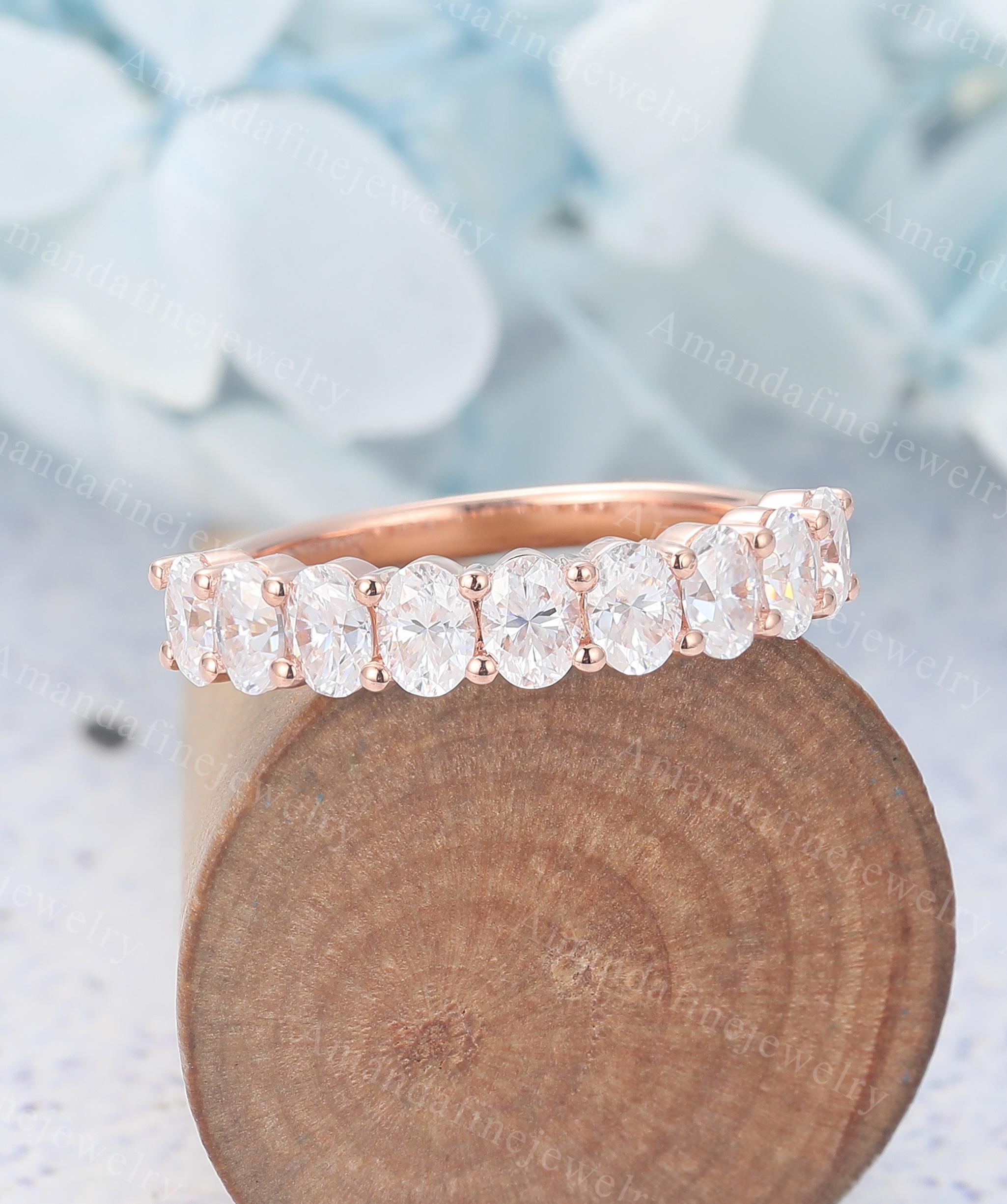 Oval Cut Moissanite Wedding Band Rose Gold Half Eternity Ring Vintage ...