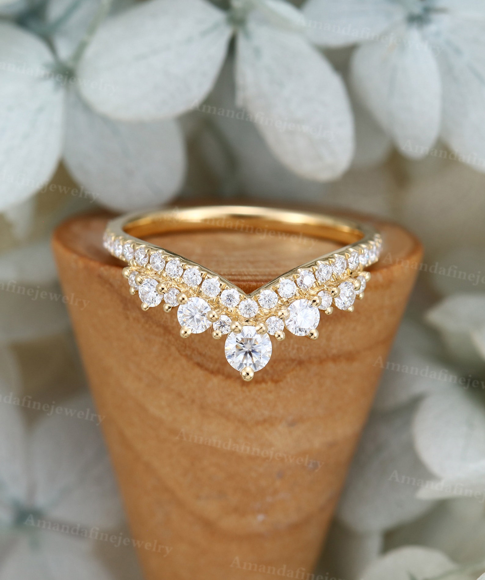 Curved Wedding Band Yellow Gold Moissanite Wedding Band Vintage Unique ...