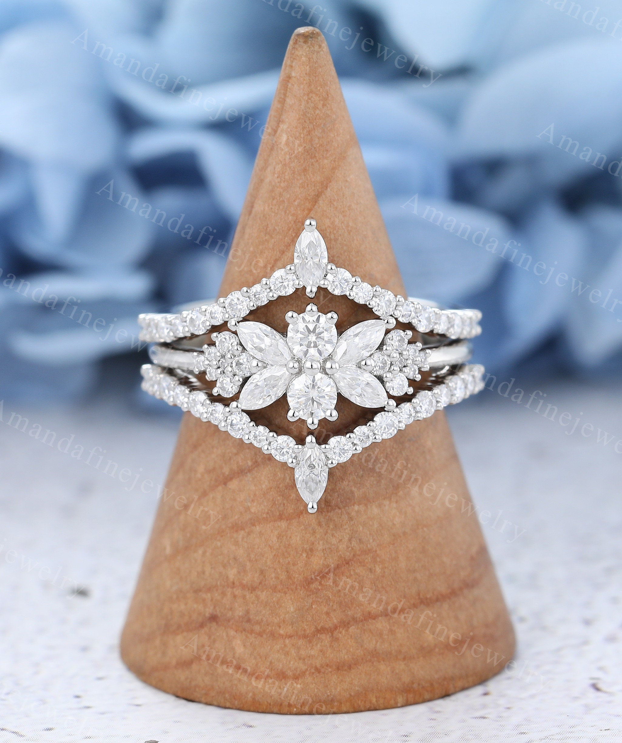 3PCS Cluster engagement ring set vintage white gold engagement ring set Marquise cut Moissanite Bridal set Promise gift anniversary