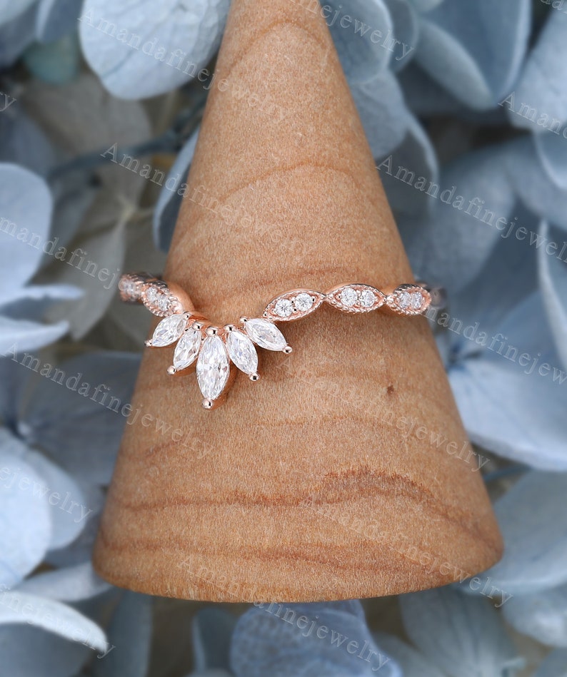 Moissanite Curved Wedding Band Rose Gold Marquise Cut Wedding Band ...