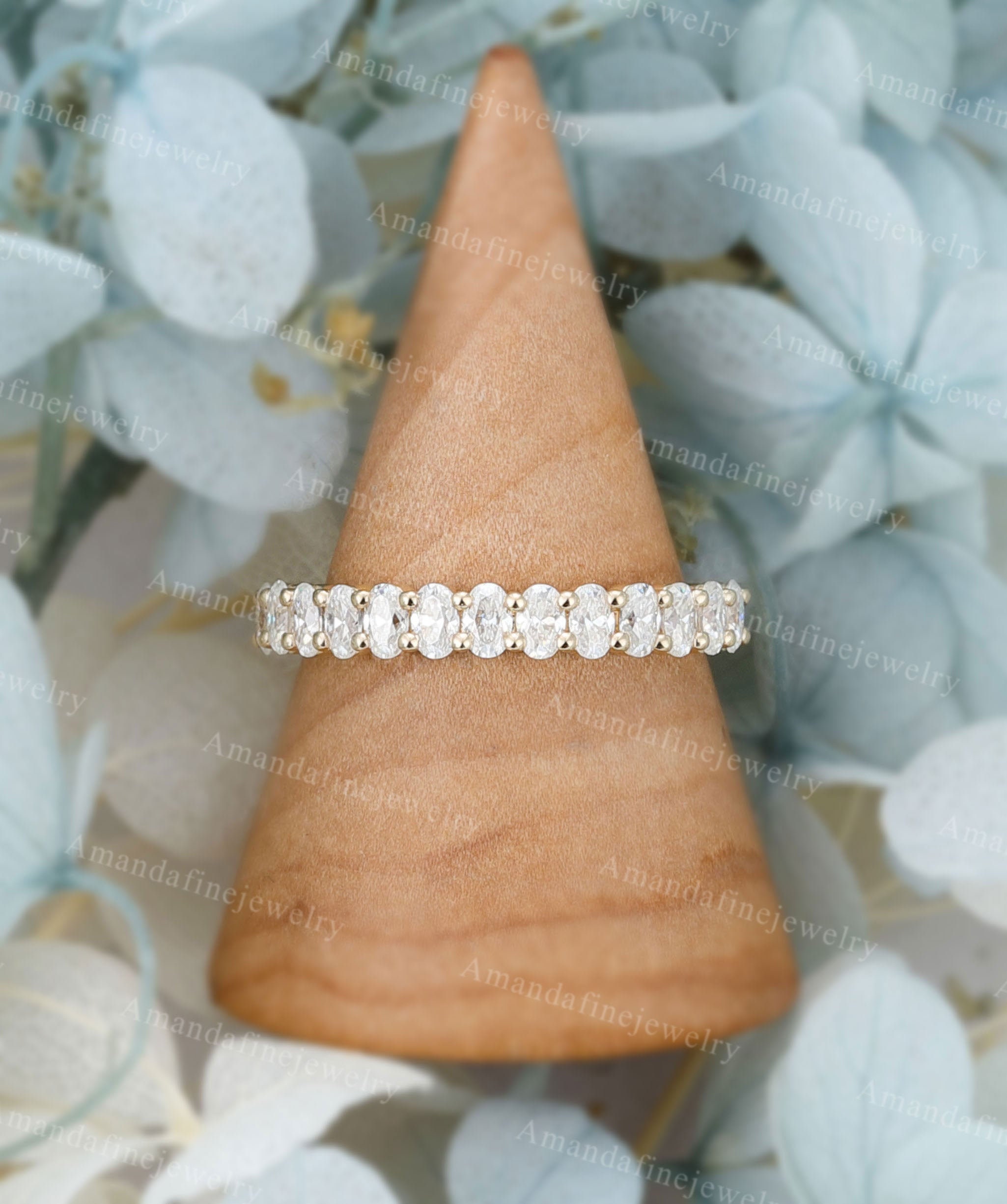 Oval cut Moissanite wedding band Yellow gold wedding band Vintage Unique Half eternity Stacking ring Matching Promise Anniversary band