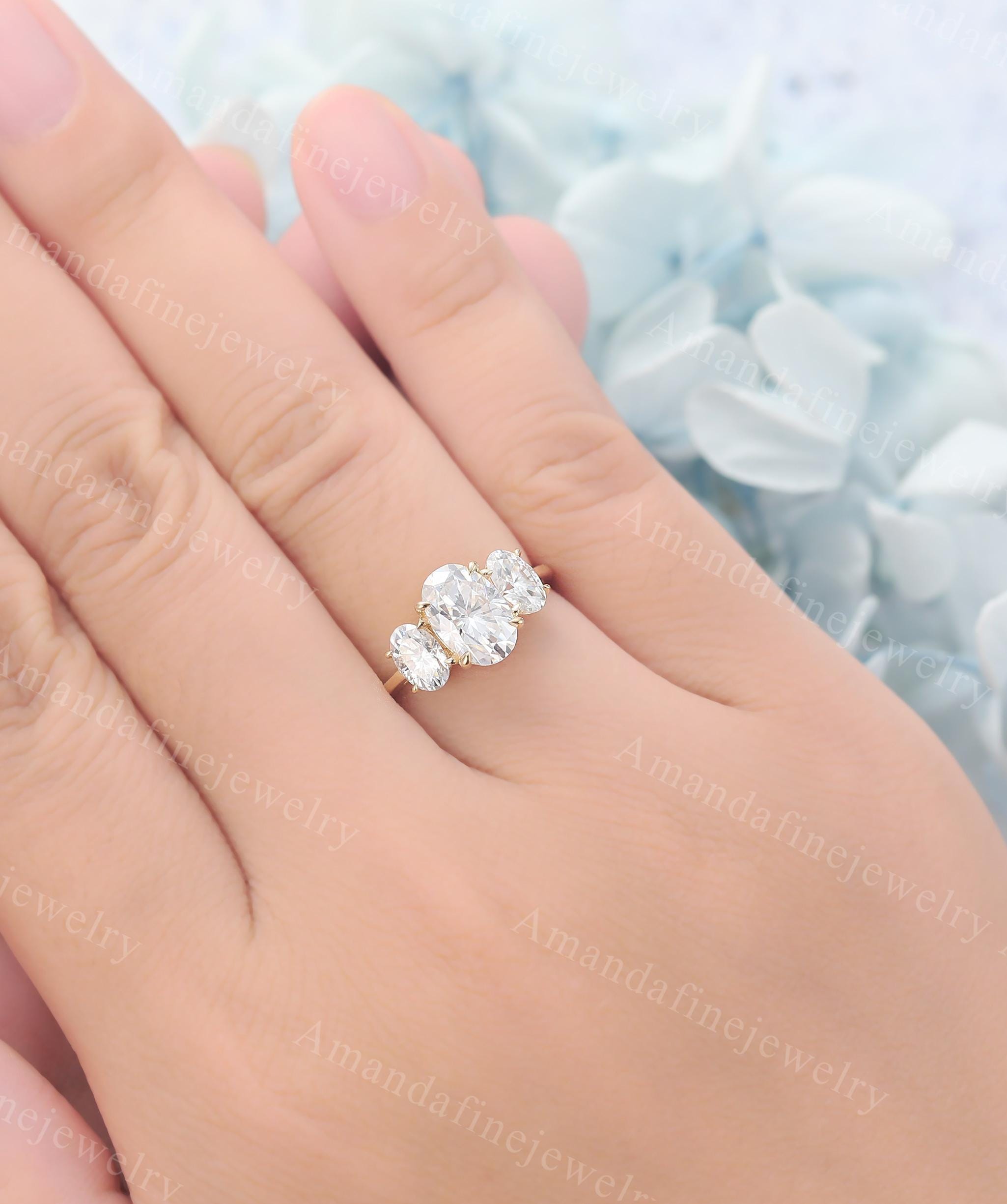 Oval Cut Moissanite Engagement Ring Three Stone Ring Solid Yellow Gold ...