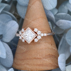 Princess cut Moissanite engagement ring rose gold Unique Diamond Cluster engagement ring vintage Bridal Promise Anniversary delicate ring image 2