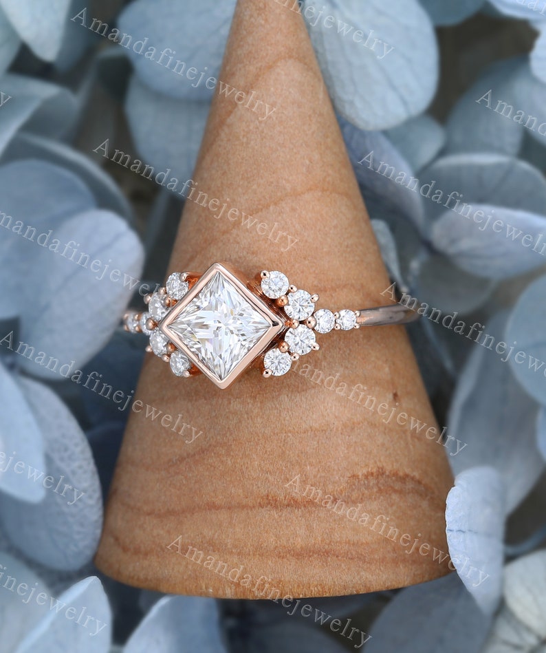 Princess cut Moissanite engagement ring rose gold Unique Diamond Cluster engagement ring vintage Bridal Promise Anniversary delicate ring image 2