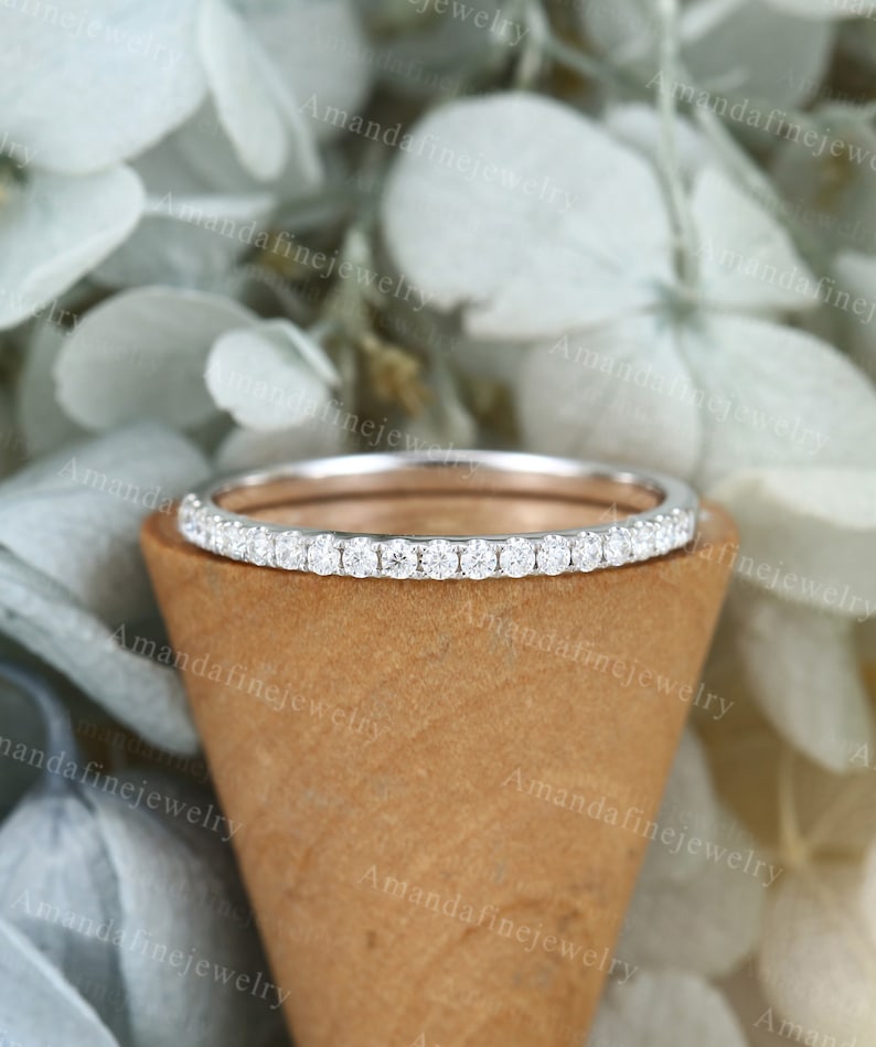 Lab Grown Diamond Wedding Band Unique White Gold Wedding Band Half ...