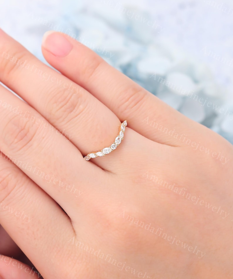 Curved Moissanite Wedding Band Vintage Yellow Gold Wedding Band ...