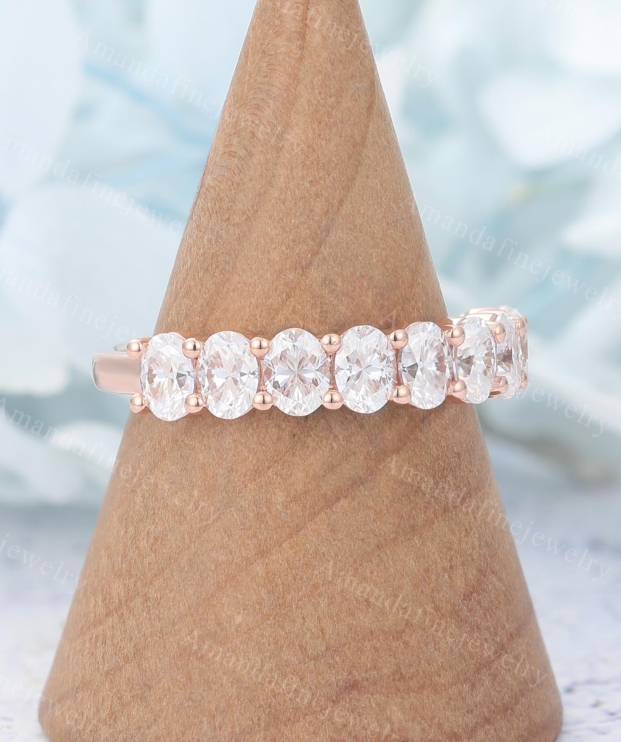 Oval Cut Moissanite Wedding Band Rose Gold Half Eternity Ring Vintage ...