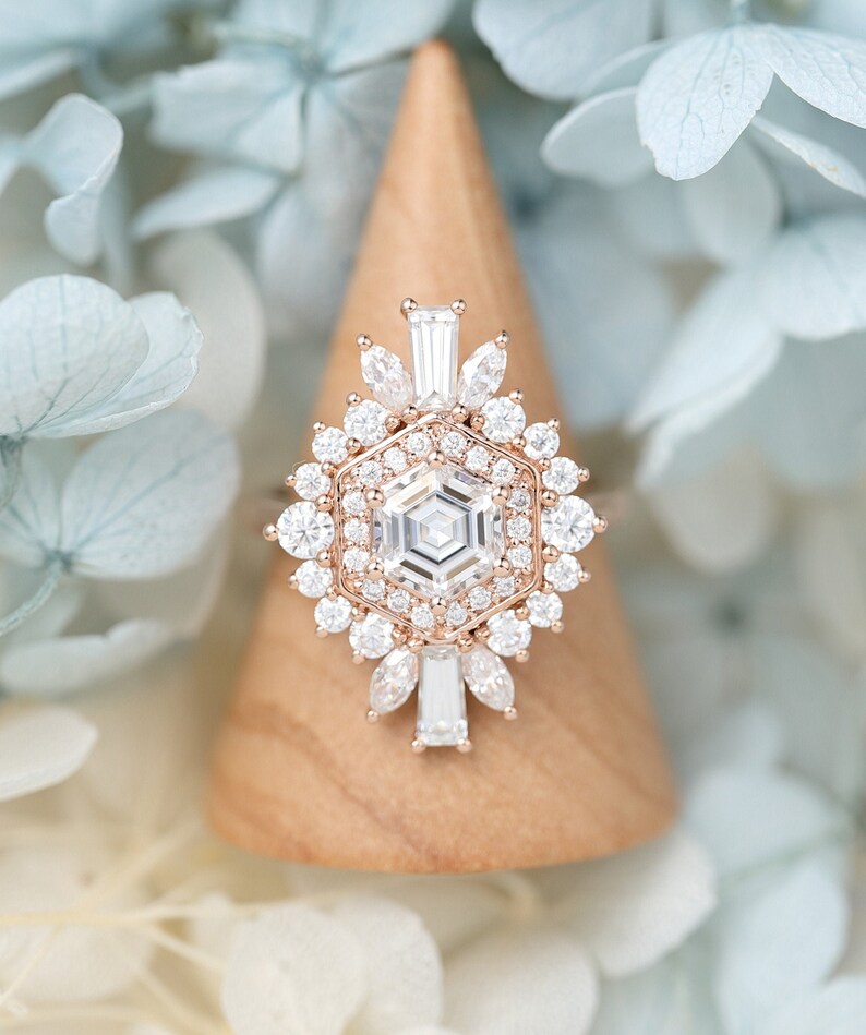 Hexagon Moissanite engagement ring vintage Art deco Unique Etsy