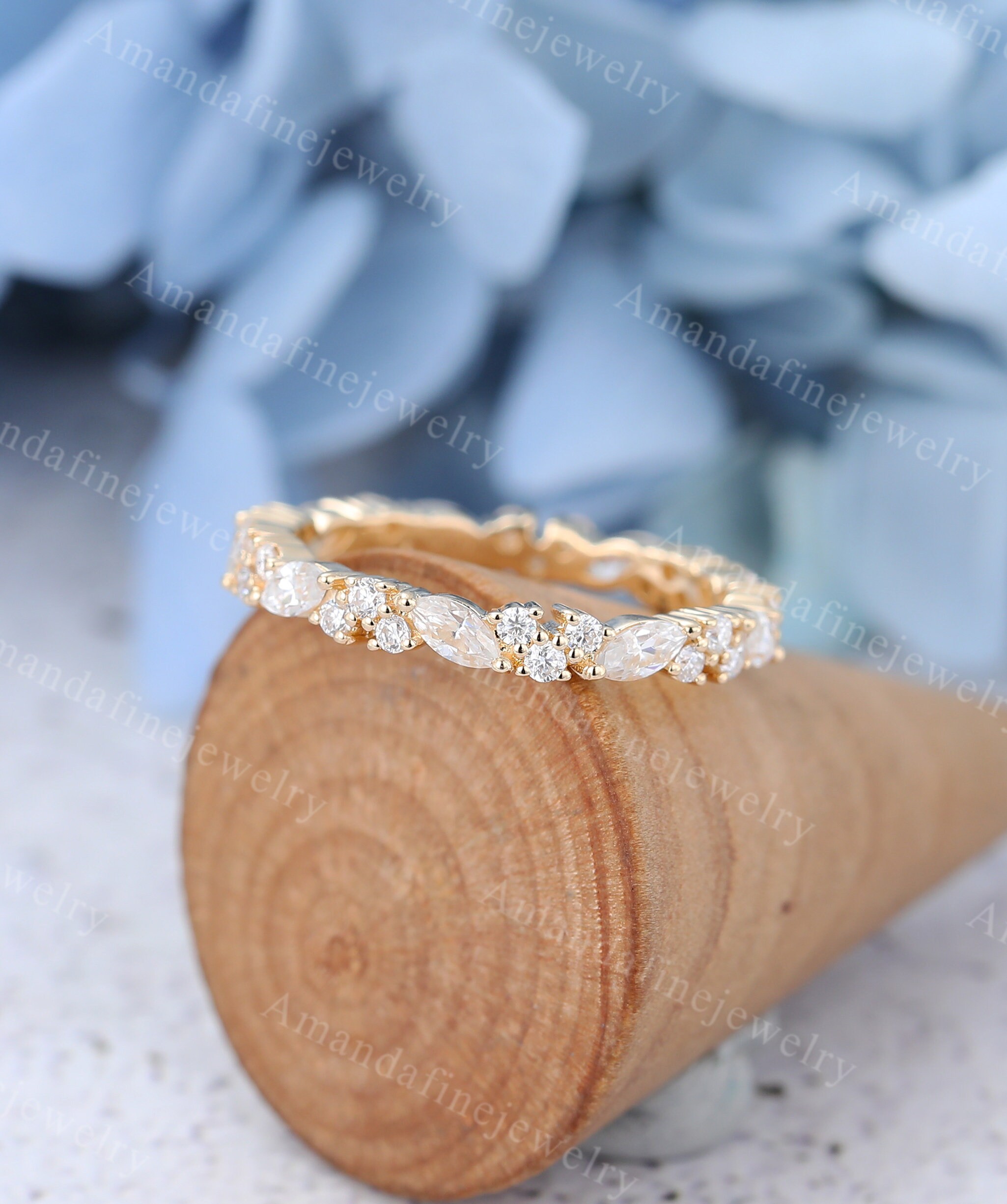 Unique Yellow Gold Wedding Band Women Marquise Cut Moissanite Wedding ...