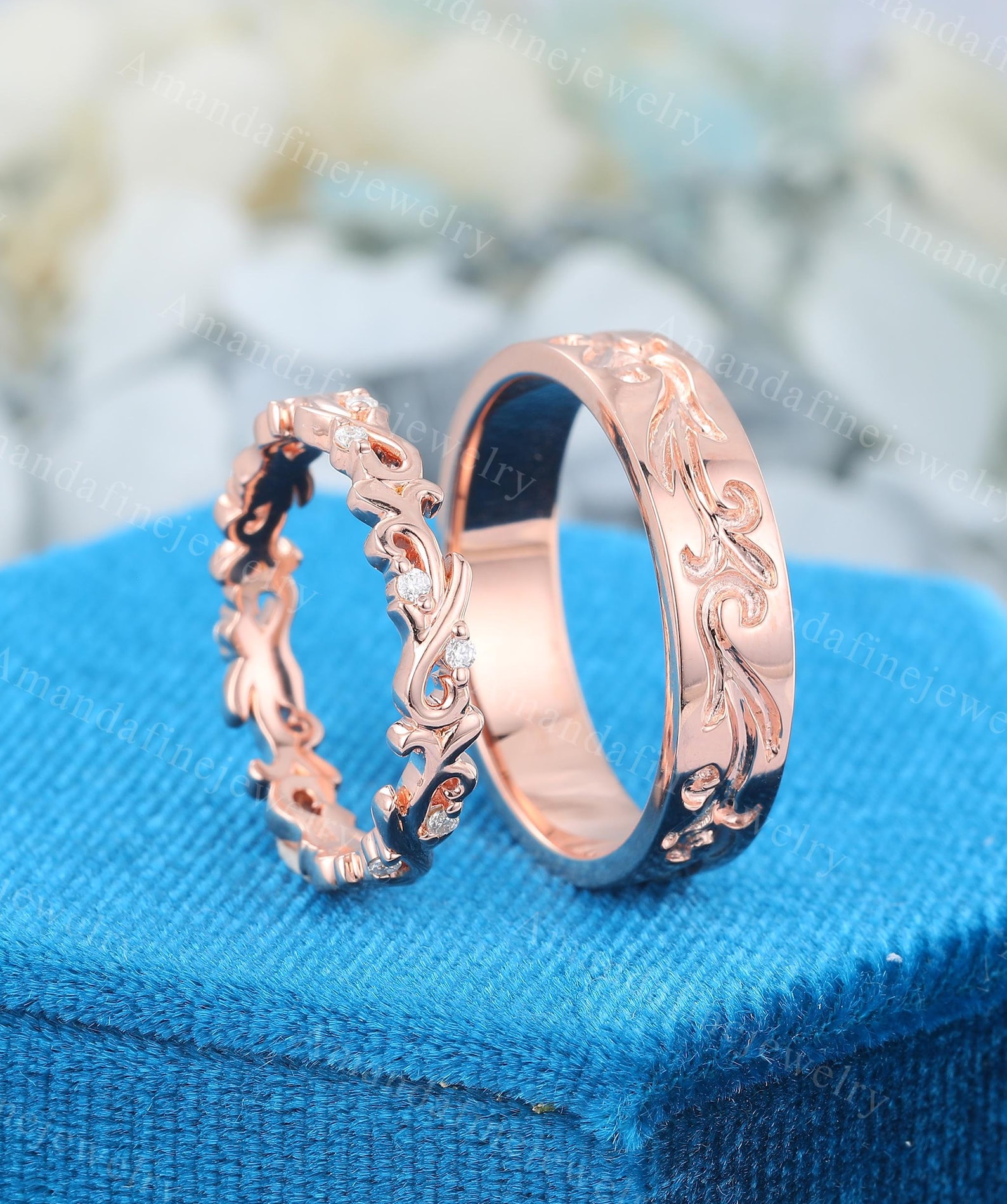 Couples Ring Set Unique Rose Gold Wedding Band Vine Ring for Men and Couples Ring Set Unique Rose Gold Wedding Band Vine Ring for Men and