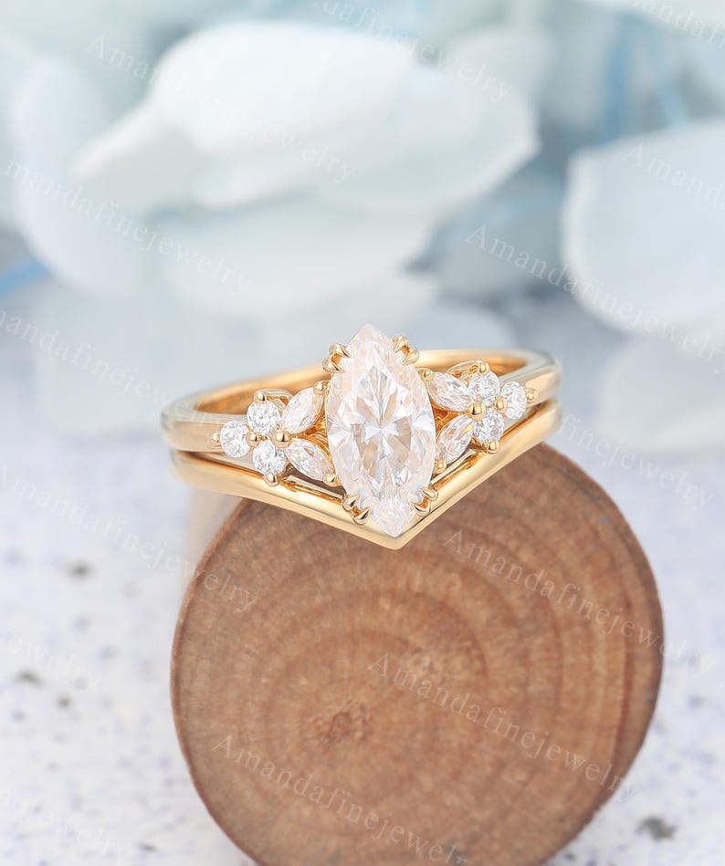 Marquise Cut Moissanite Engagement Ring Set Vintage Yellow Gold Ring ...