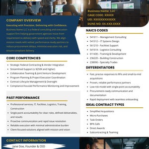 Navy blue and gold capability statement template for government contracting, featuring editable core competencies, differentiators, and ideal contract types sections.
