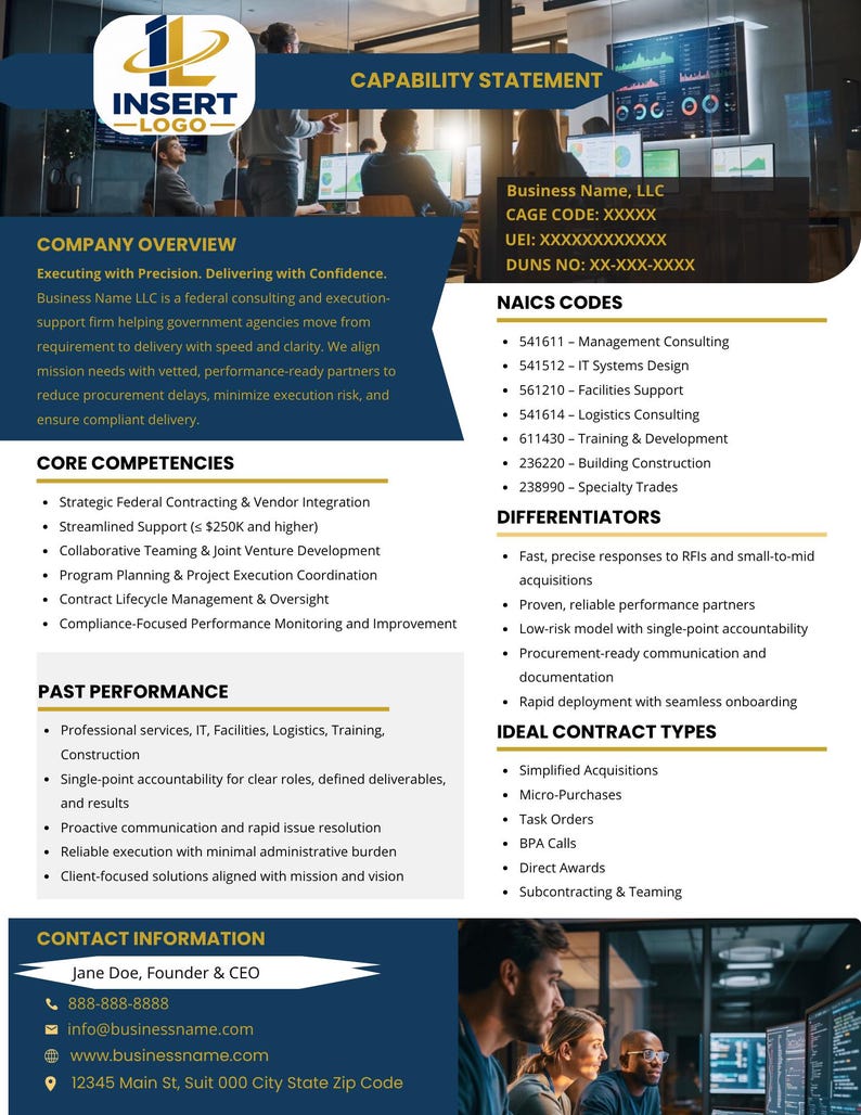 Navy blue and gold capability statement template for government contracting, featuring editable core competencies, differentiators, and ideal contract types sections.