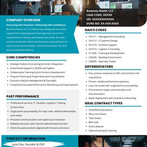 Teal and blue capability statement template showing company overview, core competencies, NAICS codes, past performance, and contact information sections on a US Letter page.