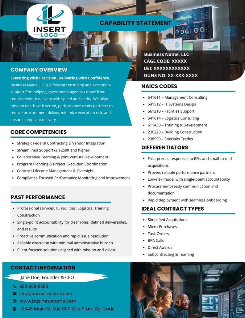 Teal and blue capability statement template showing company overview, core competencies, NAICS codes, past performance, and contact information sections on a US Letter page.