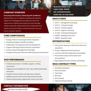 Burgundy and gold capability statement template with sections for company overview, past performance, NAICS codes, and contact details for federal contractors.
