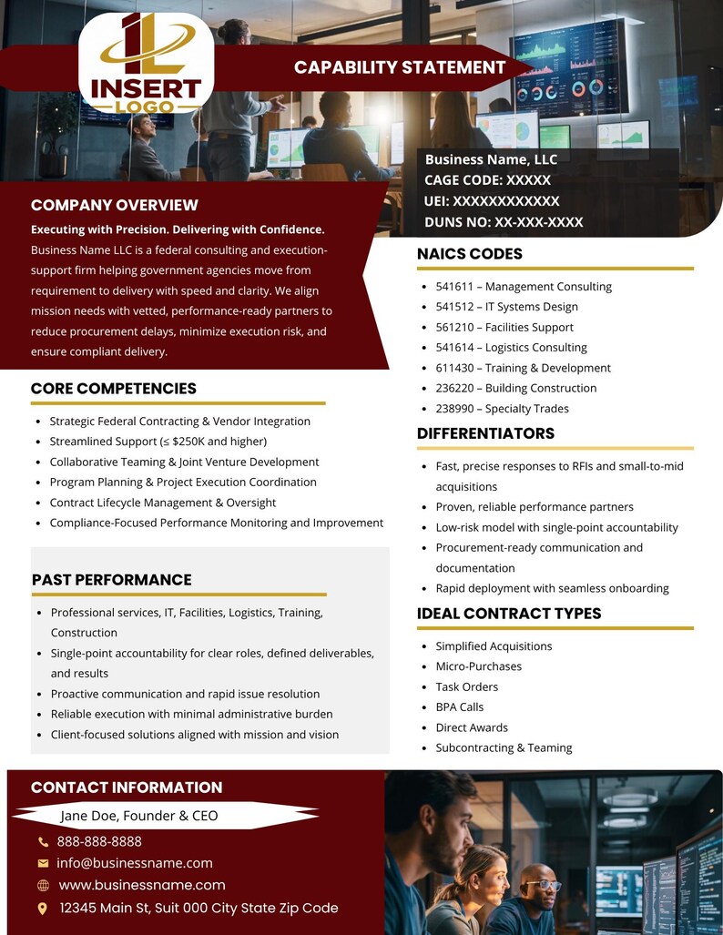 Burgundy and gold capability statement template with sections for company overview, past performance, NAICS codes, and contact details for federal contractors.