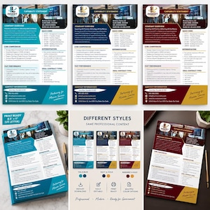May include: A capability statement template for business use, featuring sections for company overview, core competencies, NAICS codes, differentiators, past performance, and contact information. The design is available in teal, navy, and burgundy color schemes.