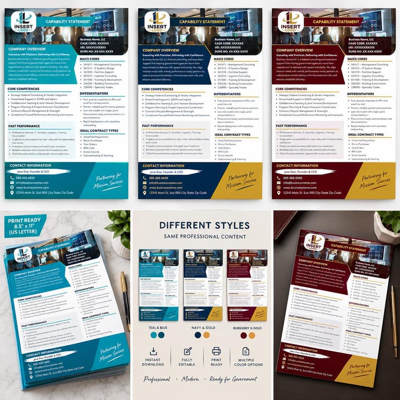 Stack of printed capability statement templates in teal and blue design, shown on a marble desk beside a pen and small plant, sized 8.5 by 11 inches.