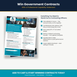 Capability statement template preview with a checklist of features including editable Canva design, three color options, and print-ready US Letter sizing for small business government contractors.