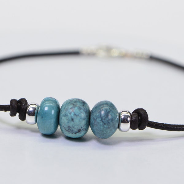 Three Turquoise Large Stone Men Bracelet Leather Cord Knotted Simple Elegant Gift Idea For Boyfriend Anniversary Gift