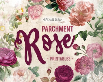 Parchment Rose Journal Pages + Ephemera Kit - Printable Paper, Junk Journal, Digi Kit, Rose, Scrapbooking, Collage Sheet, Vintage, Download