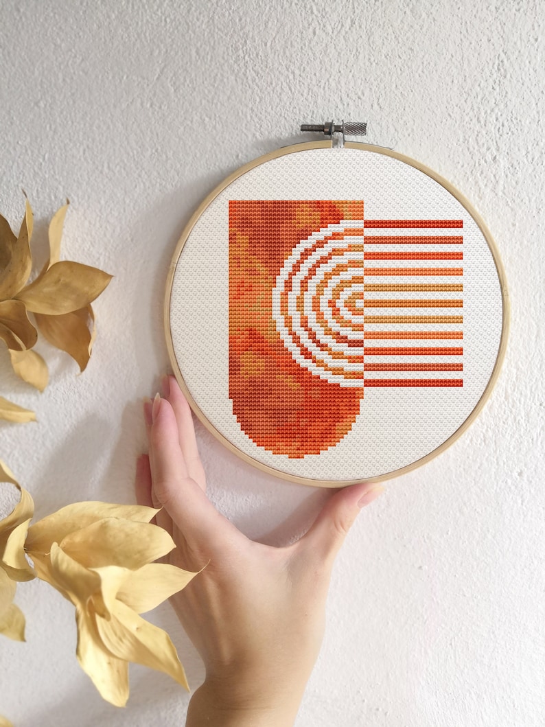Mid century modern cross stitch pattern PDF Rainbow cross stitch Boho Counted cross stitch Mustard abstract