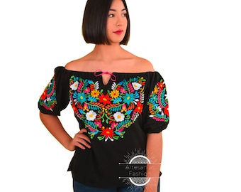 Blusa Mexican con Flores /メキシカン刺繍 Blusa de Manta bordada a mano Blusa Tradicional Mexicana 刺繍シャツ メキシカンフローラブラウス