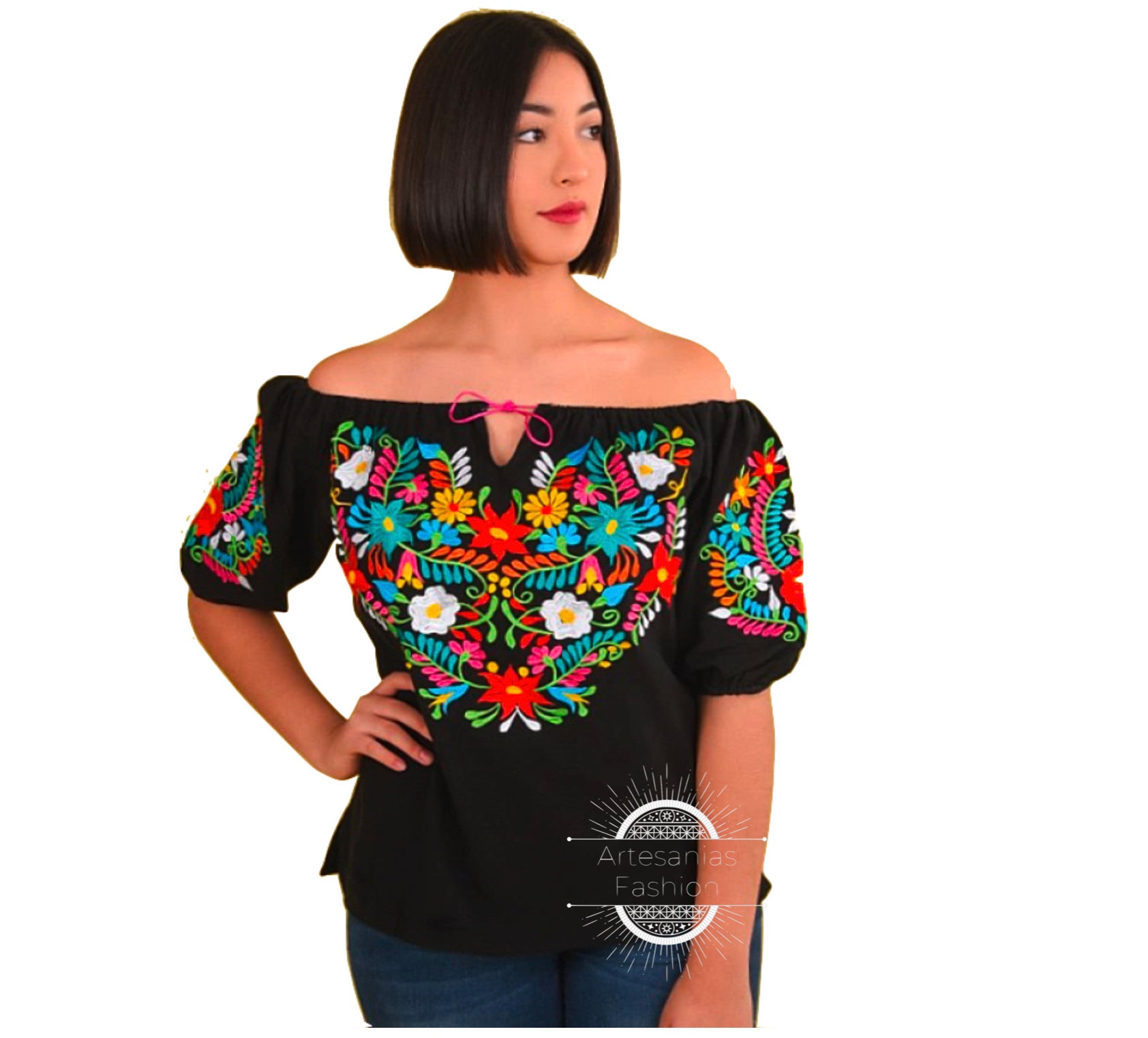 Blusa con Flores /Mexican Embroidery Blusa de Manta - España