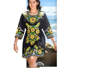 Vestido Mexican con Imagen de Girasoles/Mexican Embroidery Dress with Sunflowers