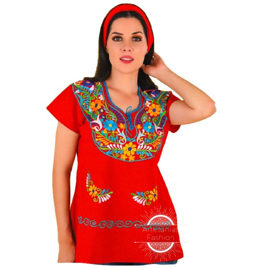 Blusa Mexican Con Flores /mexican Embroidery Blusa De Manta