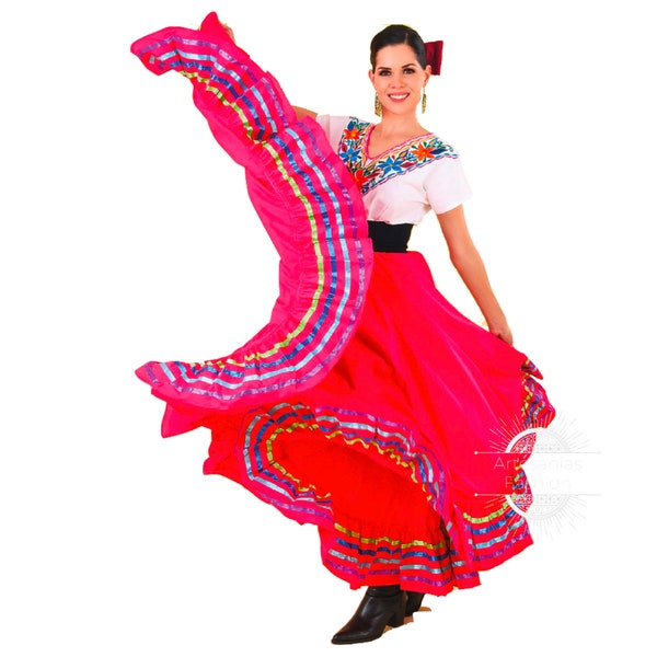 Faldas Folklorico Cirlce, Falda Profesional de Doble Vuelo, Falda Súper Ancha Completa para Mujer Cintura de un tamaño para bailes folclóricos hechos a mano