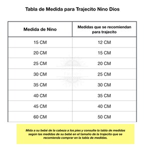 May include: A table with two columns showing recommended sizes for baby clothes in centimeters. The first column is labeled "Medida de Nino" and the second column is labeled "Medidas que se recomiendan para trajecito".