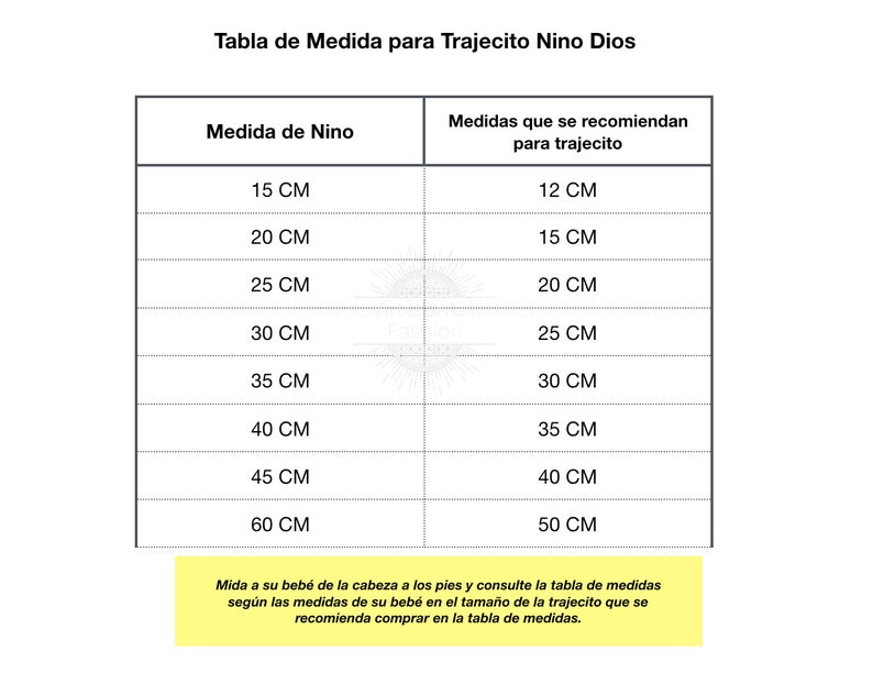 May include: A table with two columns showing recommended sizes for baby clothes in centimeters. The first column is labeled "Medida de Nino" and the second column is labeled "Medidas que se recomiendan para trajecito".