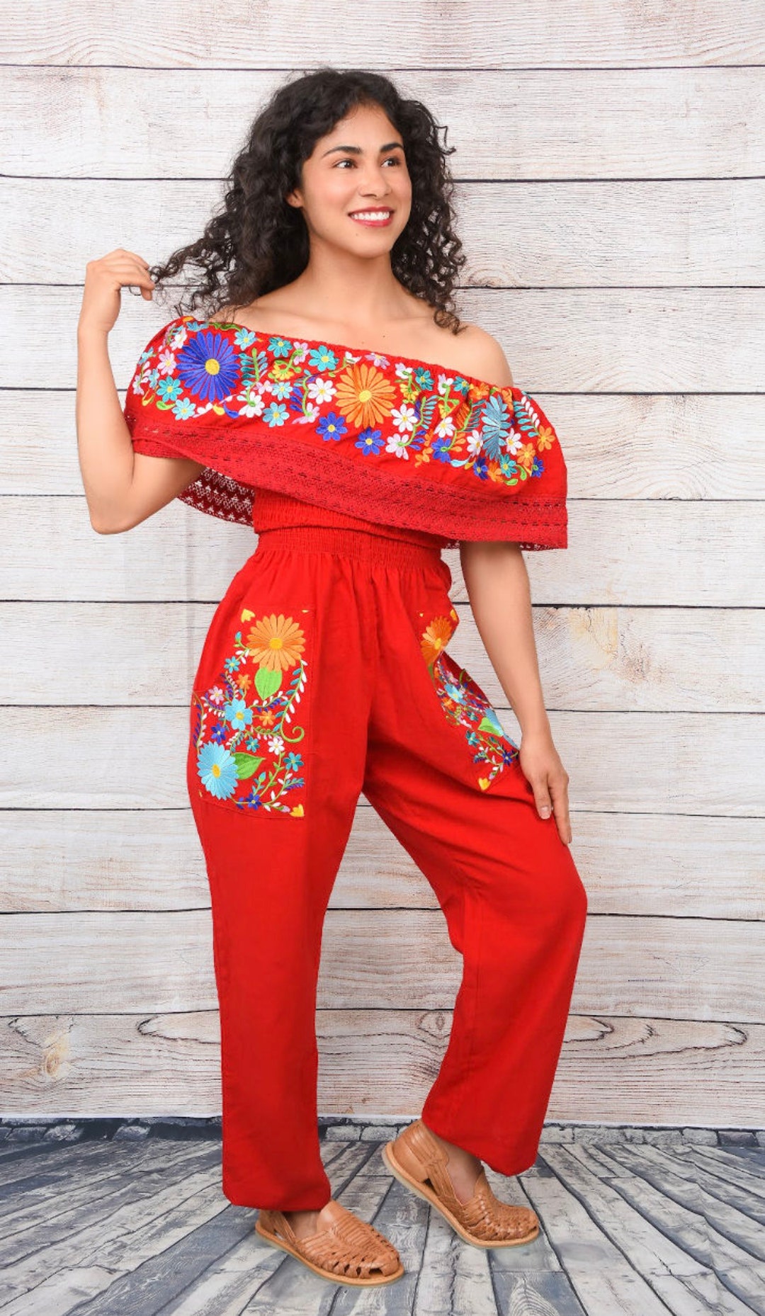 Floral Capri Jumpsuit. Embroidered Mexican Jumpsuit. Capri Top Romper