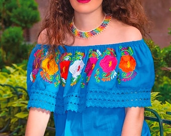Blusa Mexican con Flores /メキシカン刺繍 Blusa de Manta bordada a mano Blusa Tradicional Mexicana 刺繍シャツ メキシカンフローラブラウス
