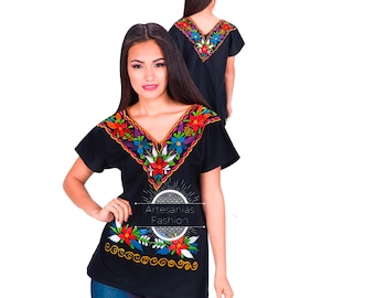 Blusa Mexican con Flores /メキシカン刺繍 Blusa de Manta bordada a mano Blusa Tradicional Mexicana 刺繍シャツ メキシカンフローラブラウス