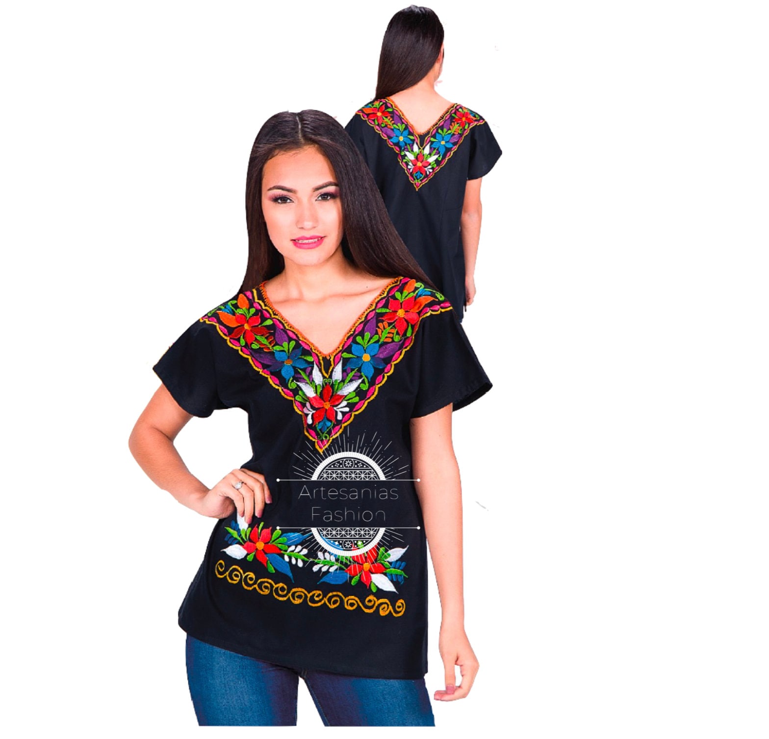 Blusa Mexican Con Flores /mexican Embroidery Blusa De Manta