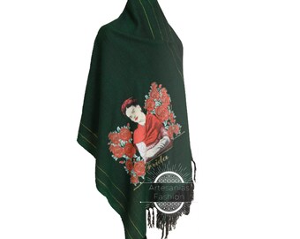 Rebozo Mexican con Imagen de Frida, Mexican shawl with image of Frida, Frida Shawl, Mexican Shawl