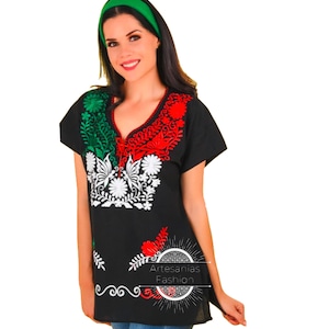 Blusa mexikanische Stickerei mit den Farben der mexikanischen Flagge
