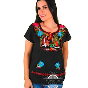 Blusa Mexicaanse con Flores y Imagen de la Virgen Maria / Mexicaanse borduurwerk Top met bloemen en beeld van Maagd Maria